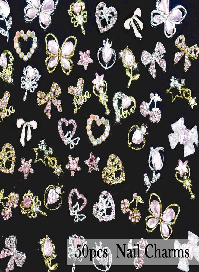 لازا مجموعة لازا من 50 قطعة من زينة الأظافر المصنوعة من سبيكة Y2k، تتضمن أحجار الراين ثلاثية الأبعاد على شكل قلب ونجمة وفراشة وزهور التوليب وقوس وردي كرزي، بالإضافة إلى إكسسوارات تزيين الأظافر بأحجار الراين الكريستالية اللامعة. - Image 2